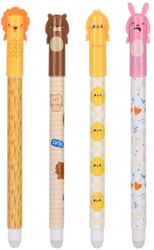OFFCUP 4 Stylos Gel Effaçable, 0.5mm Bleu Stylos à Encre Effaçable, Motif Animal Stylo à Bille, Thermosensible Encre Gel Effacable Avec Gomme Fournitures Scolaires Pour Enfants (C)