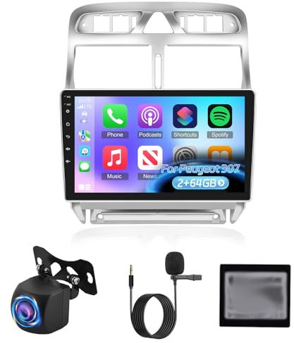 NHOPEEW 2+64G Radio Android 9 Pouces pour Peugeot 307 2002-2013 - Wireless CarPlay & Android Auto, Navigation GPS, Contrôle du Volant, FM RDS + Caméra de Recul