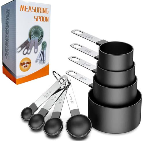 2 Boxes 8 Pieces Measuring Cups and Spoons Set,Nesting Measure Cups with Stainless Steel Handle, for Measuring Dry and Liquid Ingredients Small Teaspoon with Plastic Head (Black)