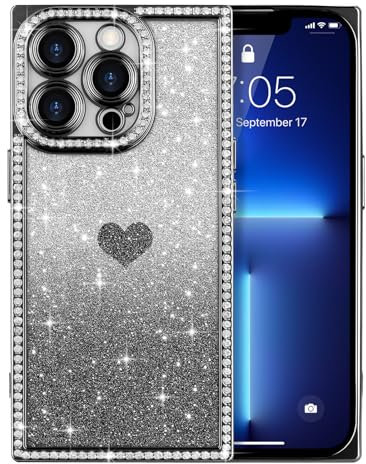 ROSEHUI for iPhone 13 Pro Max Case Glitter,Rectangle Clear Sparkly Phone Case with Bling Rhinestone Cute Heart Pattern Glitter Paper,Camera Protective TPU Shockproof Cover for Women Girls-Black
