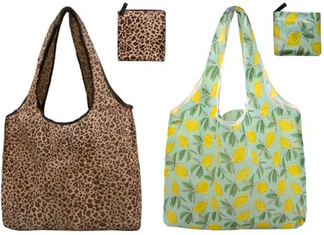 Long Keeper 2 Stück Wiederverwendbare Einkaufstaschen Große Faltbare Einkaufs Tasche Waschbare Reise Einkaufstaschen Leichte Tragbare Einkaufsbeutel (Leopard+Hellblaue Zitrone)