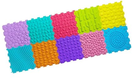 F Fityle Tapis Sensoriel Anti-Dérapant avec Motifs de Massage Pieds, Tapis de Puzzle Silicone Souple et Résistant aux Chocs, Jeu de Stimulation Sensorielle pour Enfants, 10 Pièces