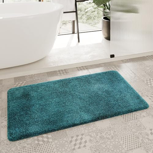 Homie Living Badteppich, Badematte kuscheliger Flauschiger weicher Flor l rutschfest und Waschbar Porto Azzurro (55 x 65 cm, Petrol grün)