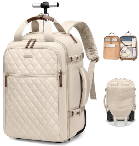 GOLF QUALITY Sac à dos de voyage à roulettes avec roulettes, article personnel, sac à dos à roulettes, sous le siège, bagage à main, Abricot, 43,2 cm (17)