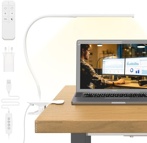 Mojimdo Schreibtischlampe 77 LED mit Fernbedienung [Beeindruckende Lichtleistung] 40CM Klemmlampe, 3 Farben & 10 Helligkeitsstufen, 360° Flexibel mit USB-Ladegerät