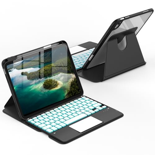 CACOE 360 Rotating Keyboard Case for iPad (A16) 11th/10th Generation (11/10.9) 2025/2022 with Touchpad, 7-Color Backlit Detachable Wireless Keyboard Case with Support Function, Black