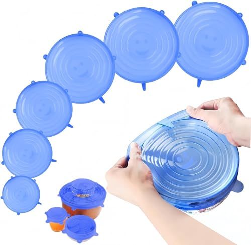 YSTrillion Dehnbare Silikondeckel,6 Stück Teiliges Silikon Stretch Deckel Stretch Lid,Wiederverwendbar Abdeckung,Universal Silikon-Frischhaltedeckel für Geschirr,Gläser,Schüsseln(Blau)