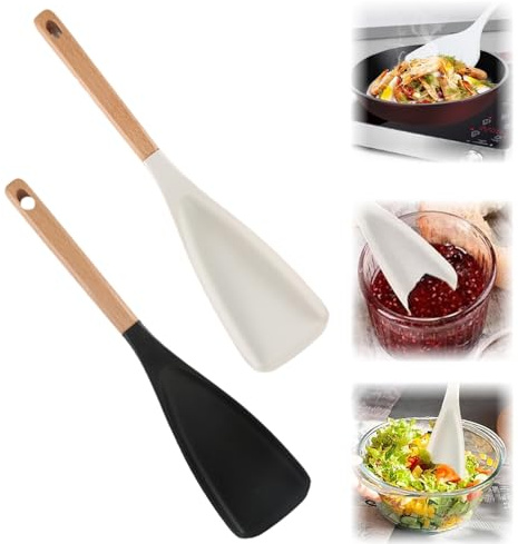 2Pcs Multi Function Cooking Spatulas - Silicone Salad Spatula with Heat-Resistant Wood Handle, 2 in 1 Silicone Spoon for Cooking Utensils, Multifunction Spatula Spoon (White+Black)