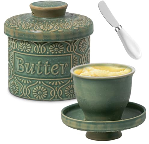 Mantequera francesa con línea de flotación, campana de cerámica refrigerada por agua, mantequera de porcelana con tapa, olla para mantequilla para frescura y capacidad de untar, recipiente para