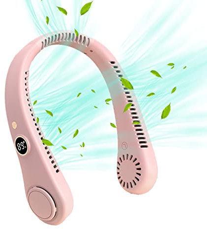 BOSTEU 5 Speeds Wearable Headphones Personal Fans Round Neck Quiet Rechargeable Neck Fan Hands Free Cooling Fan for Adults (pink)