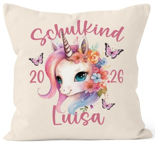 SpecialMe® Kissen-Bezug Kinder Schulkind Geschenk zur Einschulung 2026 Jahreszahl anpassbar personalisiert mit Namen Einhorn Kissenhülle Baumwolle Natur Standard