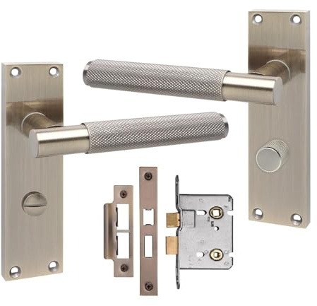 Golden Grace Victorian T-Bar Knurled Bathroom Handle with 2.5 Bathroom Mortise Lock Antique Brass Finish 150mm x 40mm