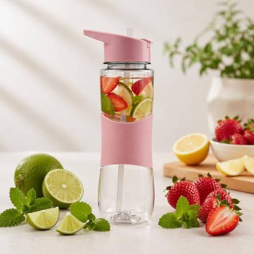 Water Bottle with Straw – Drinking Bottle 700ml – Gym Water Bottles for Men, Women, Kids – Silicone Easy Grip and Leakproof (pink)