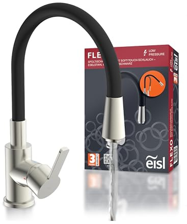 EISL Flexo Edelstahl/Schwarz Flexible Spültischarmatur Niederdruck, biegsamer Wasserhahn für die Küche, mit Soft-Touch-Schlauch, 360 Grad schwenkbar, Wasserhahn Küche flexibel, NI186FLNIB-LPU