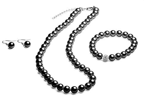 FlexiStore Perlenkette geknotet - Perlenarmband - Perlenohrringe - Set Schwarz