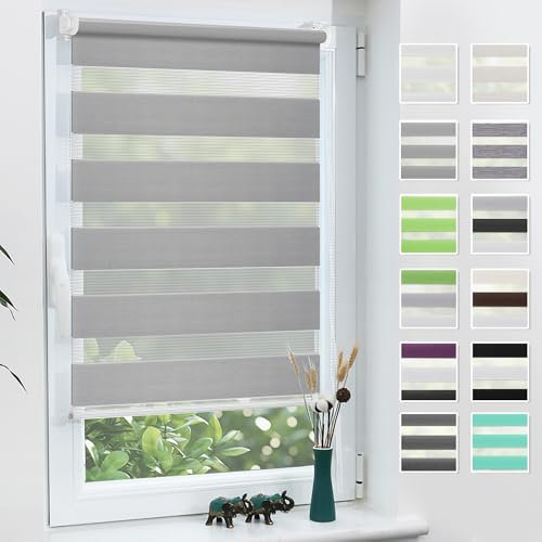 Grandekor Doppelrollo Klemmfix ohne Bohren Hellgrau 95x130cm(Stoffbreite 91cm) Fenster Rollos für innen Klemmrollos Duo Rollos für Fenster ohne Bohren mit Bohren Privatschutz UV-Schutz Zebrarollo