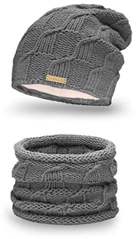 Mikos Wurm Winter Kombi Set aus Winter Schal und passender Strickmütze/Beanie (686) (Grafite)