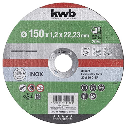 kwb AKKU-TOP extra dünne Trenn-Scheibe 150 mm Speed, 150 x 1,2 für Winkel-Schleifer, Flexscheibe geeignet für Edelstahl + Metall, Bohrung 22,23 mm, 150x1,2
