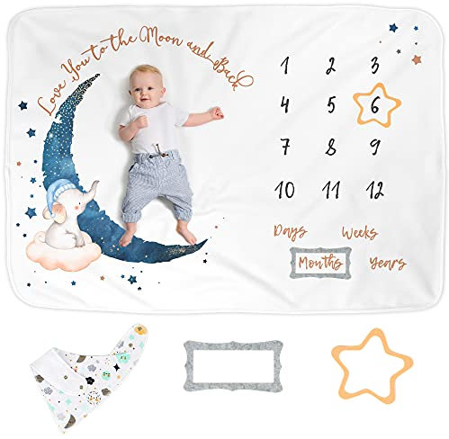 Luka&Lily Baby Meilenstein Decke - Ultrasofte Neugeborenen Monatsdecke für Jungen und Mädchen - 152.4cm x 101.6cm - Elefant Mond Motto