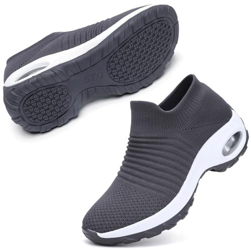 STQ Damen Schuhe Slip On Sneakers Bequem Mesh Fitness Turnschuhe Plattform Air Leichte Outdoor Walking Schuhe Dunkel Grau 39 EU
