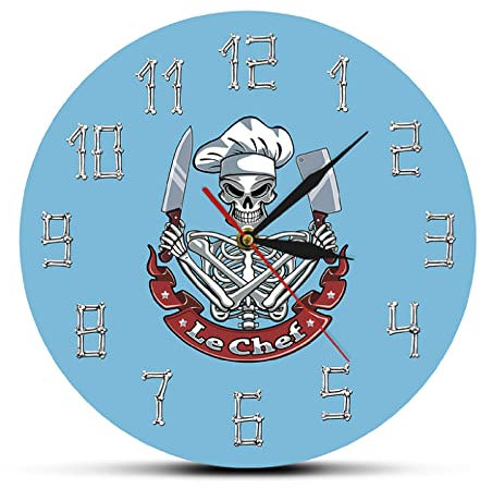 ZTTXMINGX Silent Wall Clock Skeleton with Chef Hat Knife Cleaver French Restaurant Kitchen Printed Mute Clock Skull Cook Watch 12 Inchs