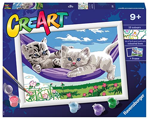 Ravensburger CreArt: Kätzchen in der Hängematte - Malen mit Zahlen für Kinder ab 9 Jahren, Malset mit Brettern, Rahmen, Pinsel und Farben im Lieferumfang enthalten, 25 x 18,30 cm, Geschenkideen