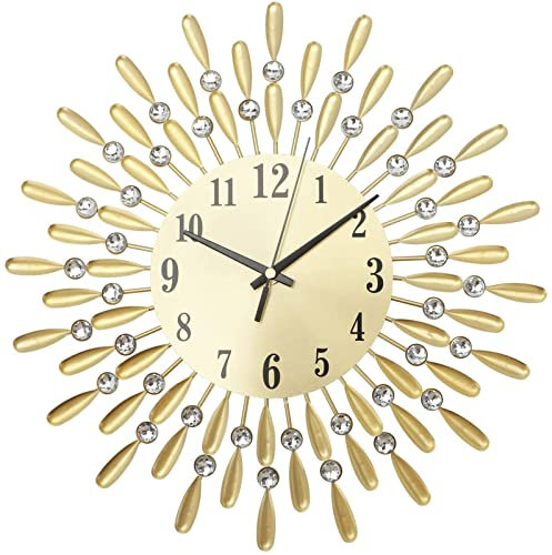 Youyijia 38cm Diamond Jeweled Stylish Gold Silent Sunflower Modern Metal Sparkly Arabic Numeral Decorative Wall Clock for Living Room Bedroom Home Decor