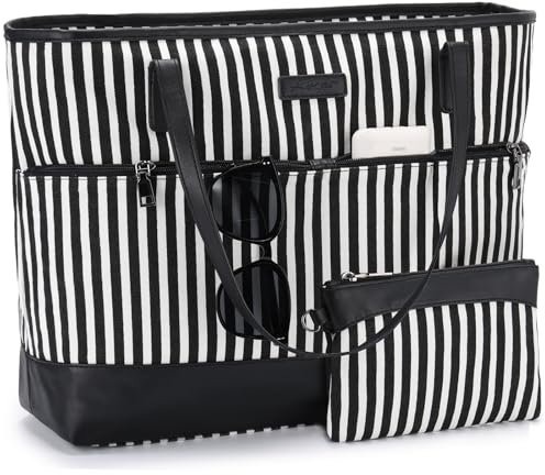 Kasgo Sac Cabas Femme, Grand 15,6 Pouces Sac Ordinateur Femme Poches Multiples Imperméable Set de Sac Fourre Tout Sac de Cours Lycee avec Pochette pour Travail Affaire Voyage 16,8L Rayé