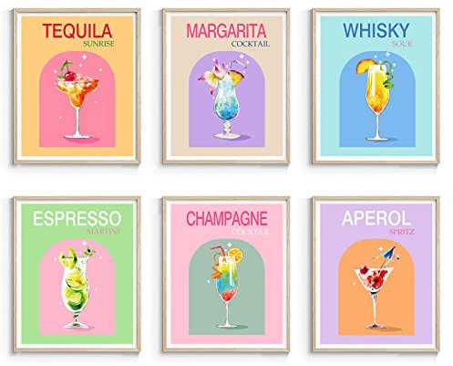 Alcohol Wall Art Cocktail Bar Print Colorful Wine Glass Art Print Trendy Drink Posters Colorful Alcohol Print Alcohol Drink Picture Colorful Cocktail Poster Preppy Aesthetic Painting 8x10inchx6