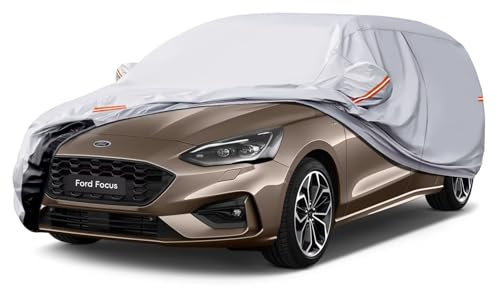 GUNHYI 6 Layers Hatchback Car Cover Waterproof Breathable, Heavy Duty Outdoor Car Cover Sun Rain Dust Protection With Zip, Universal Fit For Ford Focus, BMW 1 Serier,Opel Astra, Citroen C4,etc.Silver