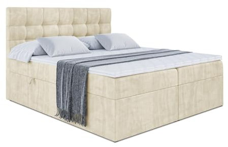 ALTDECOR Boxspringbett mit Matratze und Lattenrost, Boxbett, Topper, Polsterbett mit Bettkasten, Bett mit Stauraum H3-Matratze, Doppelbett, Springboxbett - BERO - 180x200 - Beige Monolith