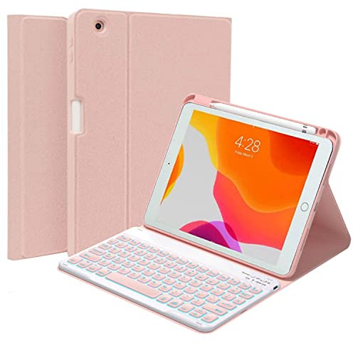 QYiiD Clavier Coque pour iPad Mini 5e Génération, Étui iPad Mini 4, Français AZERTY Clavier Détachable Bluetooth Rétroéclairé avec Fente pour Stylo pour iPad Mini 3/2/1, Rose