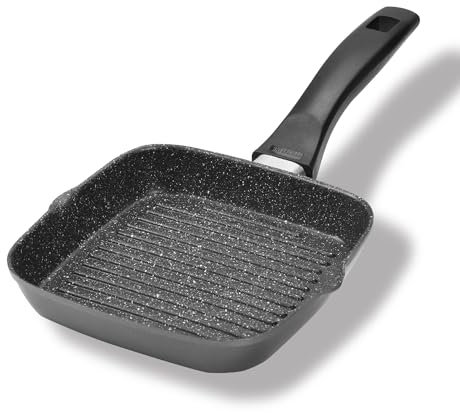 STONELINE Poêle Grill 16x16 cm, avec 2 Becs verseurs, Cuisson sans Huile ni Graisse, adaptée à l'Induction, Revêtement Antiadhésif avec de vraies particules de pierre