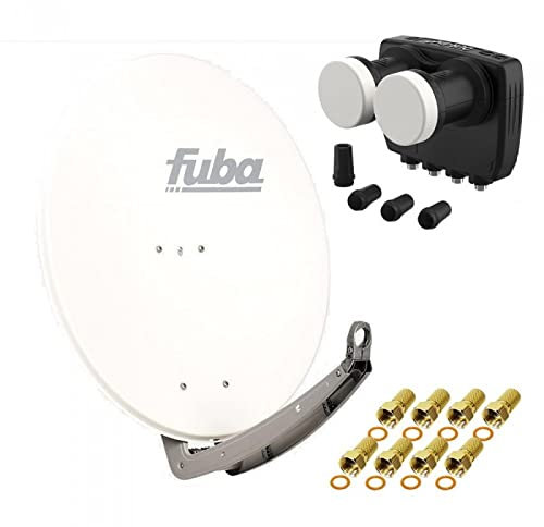 HD Digital Sat Anlage 2 Satelliten Astra/Hotbird - 4 Teilnehmer | Fuba DAA780W Sat Schüssel 78cm weiß + DUR-line MB6-QS Monoblock Quad LNB 6° (DVB-S2, HDTV, 4K/8K, 3D) + 8xF-Stecker vergoldet