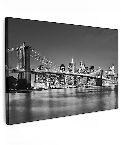 MuchoWow© Leinwand Bilder Schwarzweiss Wanddeko Wohnzimmer Aesthetic Room | 60x40 cm - Decor Deko Zimmer Wandbilder Modern Fotogeschenke New York - Brücke - Brooklyn - Schwarz und weiß - Weiss