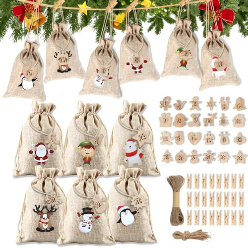 Adventskalender zum Befüllen, 24 Stk Adventskalender Selber Befüllen Kinder, Jutesäckchen Stoffsäckchen Selbst Befüllen, 2023 Weihnachtskalender Jute Beutel Aufhängen für Männer, Frauen (3-C)