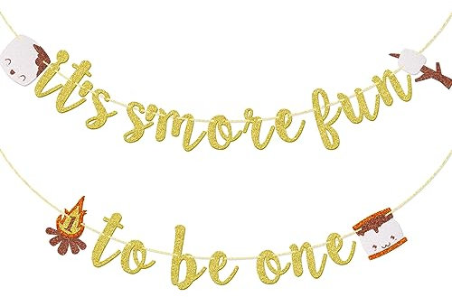 It's S'more Fun to Be One Banner, Camping-Themed 1. Geburtstag Banner, S'mores Geburtstagsbanner für Baby Junge und Mädchen, One Happy Camper, Outdoor Camping Geburtstag Dekorationen (Gold Glitzer)
