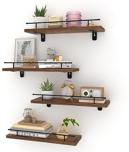 HORLIMER 4er-Set Wandregal, Schweberegal mit Schwarz Metal Stäben und Braun Holzbrett, Regal Wand für Küche, Bad, Schlafzimmer, Wohnzimmer und Büro