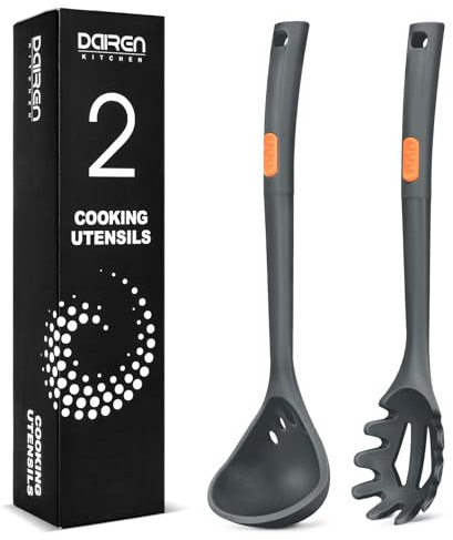 Juego de tenedor y cucharón de silicona para pasta, utensilios de cocina antiadherentes grandes para cocinar, revolver, espaguetis de una pieza, sopa, salsa (gris)