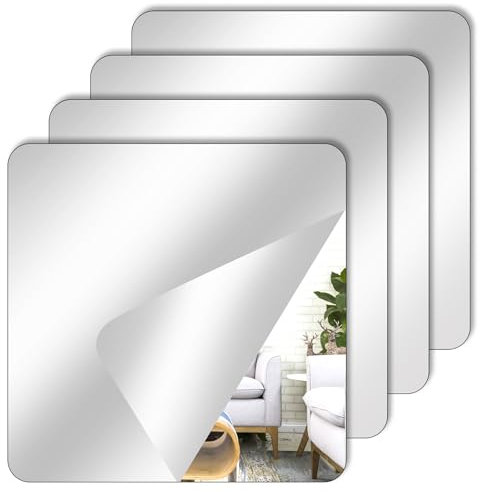 RAFIYU Espejo adhesivo para azulejos, 4 unidades, 15 x 15 cm, acrílico pequeño espejo para decoración de pared, espejo de puerta, espejo de ventana, armario, salón, cuarto de baño