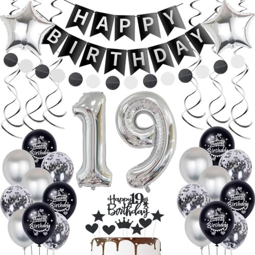 Silber 19. Geburtstag Dekoration Luftballon 19 Jahre Junge Mädchen Geburtstagsdeko 19 Jahre Junge Schwarz Ballon 19 Geburtstag Deko Schwarz Silber Mädchen Junge 19 Geburtstag Tortendeko