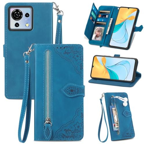 MOJIA Geldbörse Hülle für ZTE Blade V50 Vita, Sanft PU Klapphülle Handyhülle, Stoßfest Schutzhülle mit Handschlaufe Kartenfach und Standfunktion. Blau