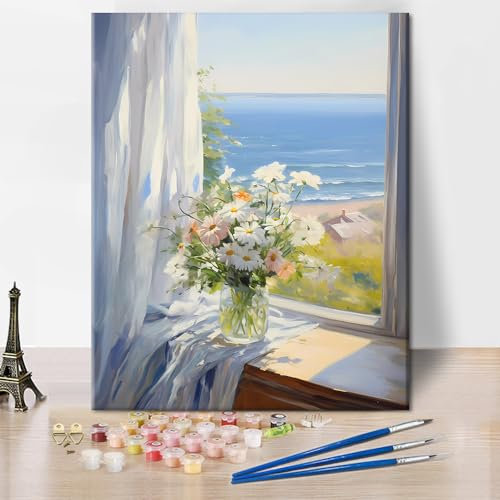 TISHIRON Malen nach Zahlen Erwachsene Vase Gänseblümchen Öl Handmalerei Seaside Scenery DIY Malen nach Zahlen Kits auf Leinwand Meer Küste Landschaft Malerei Kunsthandwerk 40 x 50 cm(rahmenlos)