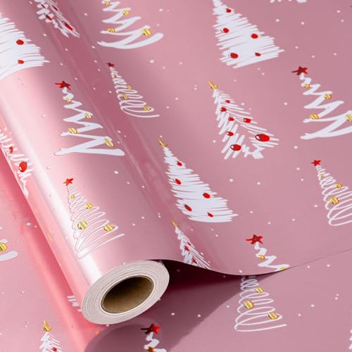 Burymento Weihnachts-Geschenkpapier, rosa Weihnachtsbaum-Design, Geschenkpapier, geeignet für Feiertage, Mini-Rolle (43,2 x 10,2 m)