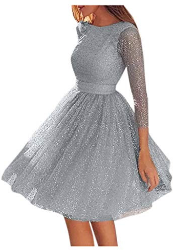 Robe à paillettes pour femme - Grandes tailles - Robe de cocktail en tulle - Robe de soirée - Robe de soirée - Robe trapèze - Longueur genou - Robe de fête avec manches - Robe à paillettes, gris, M
