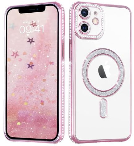 Coalbooliy Handyhülle für iPhone 11 Hülle Glitzer 6,1 kompatibel mit Mag-Safe, Plating Magnetic Durchsichtig Silikon Cover Bling Sparkly Diamond Camera Crystal Luxury Case Mädchen, Rosa