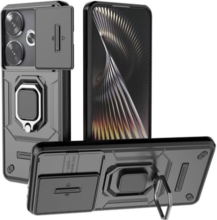 TAUYN Funda para Xiaomi Poco F6, TPU/PC Heavy Duty Armor Lente Empujar Ventana Antigolpe Funda, Soporte Protection Case - Negro