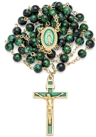 Mondo Cattolico - Rosario Cattolico della Vergine Miracolosa con Vetro Variegato su una Catena in Ottone Placcato Oro (Verde)
