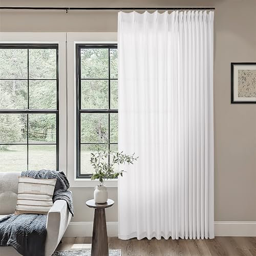 Extra Wide Pinch Pleat 100 x 84 Inch Linen Curtains for Living Room Divider White Light Filtering Semi Sheer Pleated Drapes Patio Curtains for Sliding Door Floor to Ceiling Window Drapes Panels