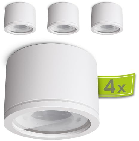 linovum NUHA 4er Pack Aufbauleuchte IP44 weiß rund 230V mit Fassung für GX53-4x flache Badezimmer Spots Decke Ø 90 mm rostfrei